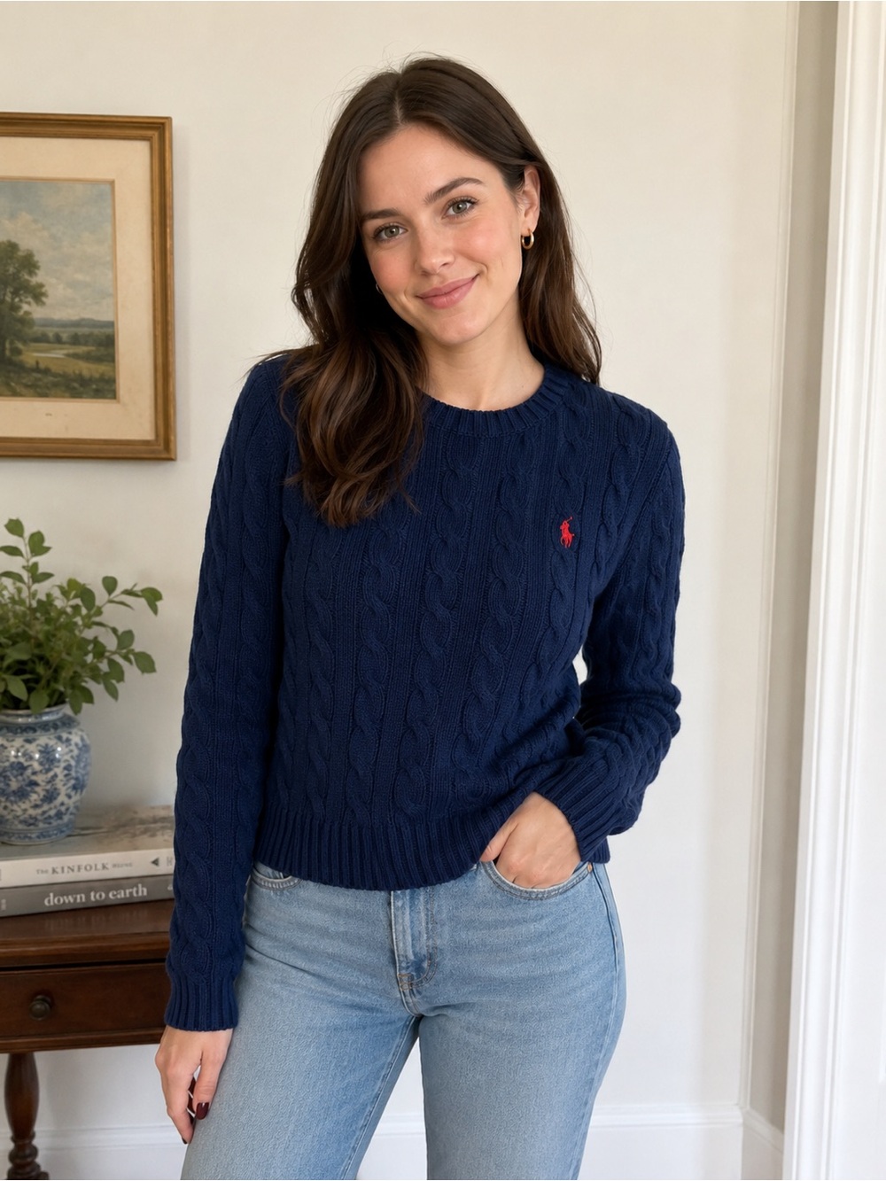 Ralph Lauren Navy Cable Crewneck Sweater with Red Logo
